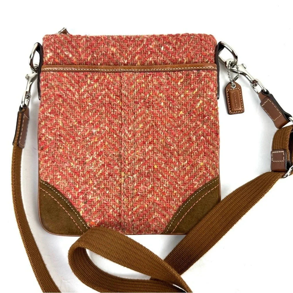 Coach Swing Pack Crossbody Bag Camel Rose Tweed Wool Handbag Hang‎ Tag